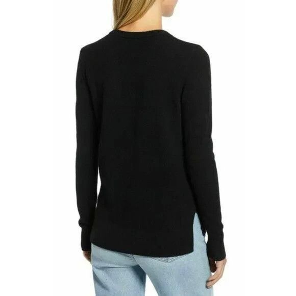 Halogen Women Black 100% Cashmere Crew Neck Sweater Size Medium w/side slits - Picture 2 of 6